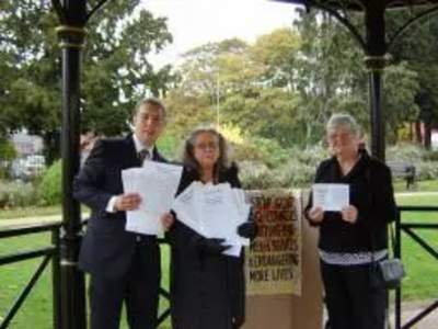 Michael Mullaney, and Denise Wood and Janet Rowe from the Pensioners Action Group with the petitions.